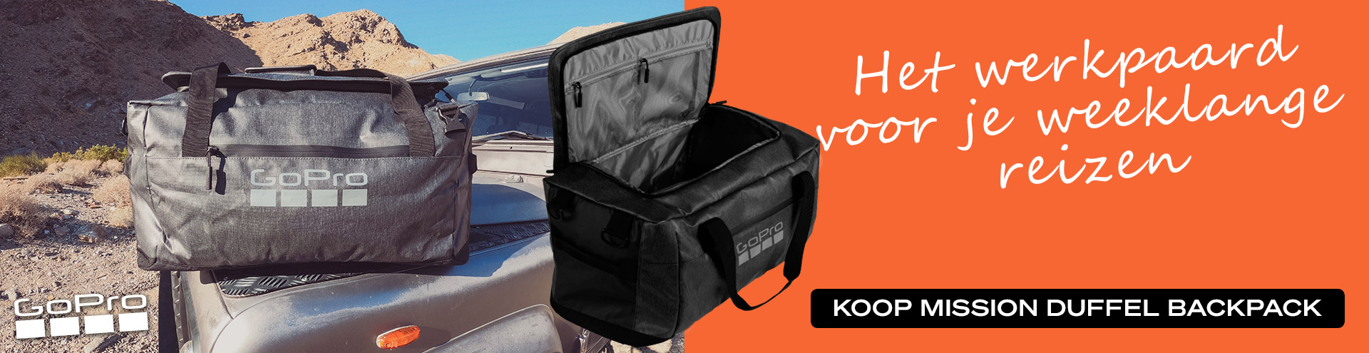 Het werkpaard voor je weeklange reizen. Koop de Mission Duffel Backpack op gopro.com