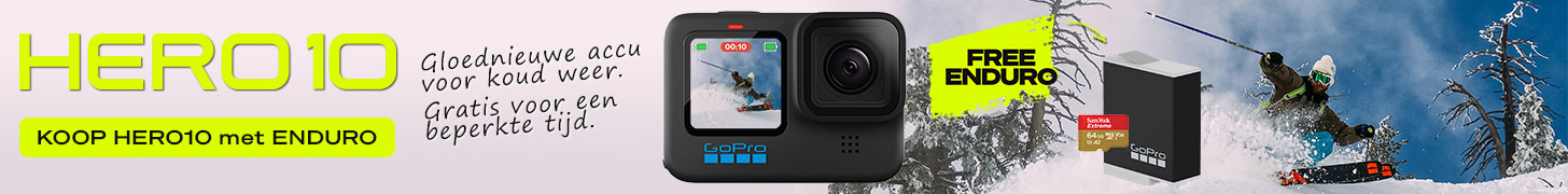 Bespaar 225 € op de #GoProHERO10 Black en ontvang een GRATIS nieuwe, koudebestendige Enduro-accu en SD-kaart van 64 GB.